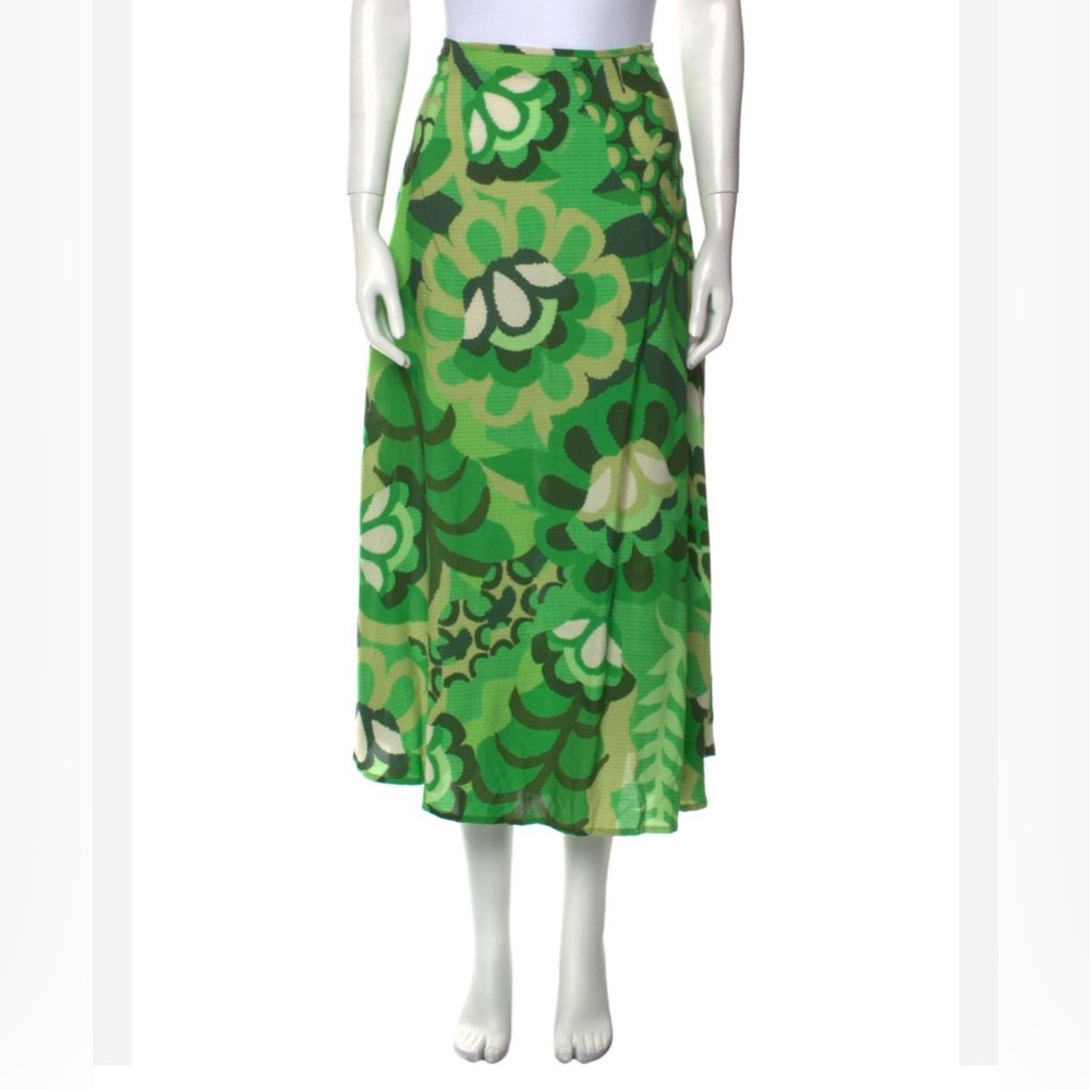 Anthro FARM Rio Green Floral Midi Skirt Size L Boho Tropical Print - Picture 11 of 11